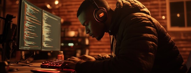 Leinwandbilder - A focused individual coding at a computer in a dimly lit room.