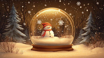 Wall Mural - An Elegant Illustration Of A Glass Snow Globe Containing A Serene Winter Landscape With A Snowman And Falling Snowflakes, Enhanced By Warm Golden Lighting