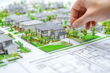 Poster - A hand places a miniature house in a detailed model neighborhood layout.