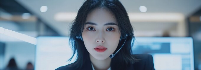 Poster - A focused woman in a headset, working in a modern office environment.