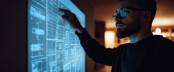 Poster - A person interacting with a digital display of technical drawings or blueprints.