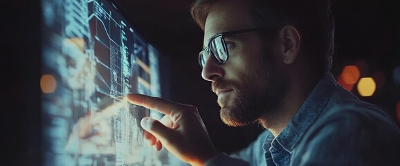 Aufkleber - A focused individual interacts with a digital interface, analyzing data and technology.