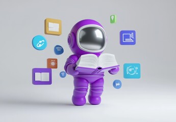 Poster - A purple astronaut holds an open book, surrounded by various educational icons.