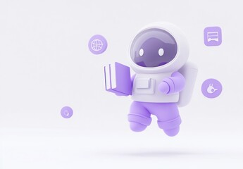Poster - A playful astronaut character holding a book, surrounded by educational icons.