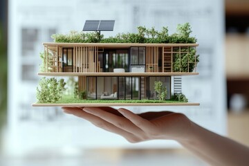 Poster - A model of a modern, eco-friendly house with greenery and solar panels.