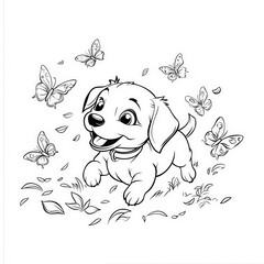 Sticker - A playful puppy chasing butterflies, coloring page for kids, simple outline illustration. Coloring book, simple lines.