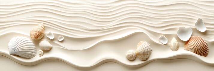 Poster - A serene arrangement of seashells on textured sand waves, evoking a beach atmosphere.