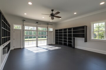 Poster - A spacious, modern garage with shelving and large windows for natural light.