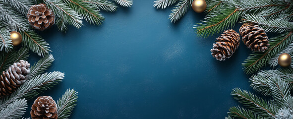 Wall Mural - spruce tree decor top view, blue background. merry christmas and happy holidays greeting card, frame