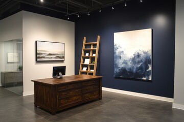 Poster - Modern office space featuring a wooden desk, artwork, and a decorative ladder.