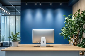 Poster - Modern office space featuring a desk, computer, and greenery against a blue wall.