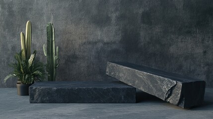 Poster - A minimalist setting featuring dark stone blocks and potted cacti against a textured backdrop.