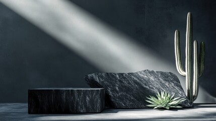 Poster - A minimalist arrangement featuring rocks and a cactus illuminated by soft light.
