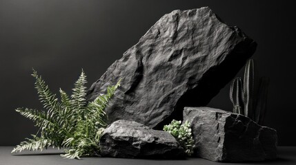 Poster - A composition of black rocks and greenery against a dark background.