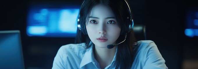 Poster - A focused individual wearing a headset, engaged in a technological environment.