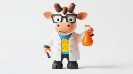 Poster - A cartoon cow character in a lab coat holding a flask, representing science and experimentation.