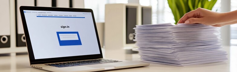 Poster - A laptop displaying a login screen next to a stack of papers on a desk.