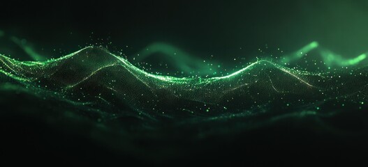 Aufkleber - Abstract representation of flowing waves with glowing particles in a dark background.