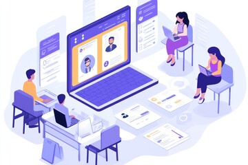 Poster - Illustration of a virtual meeting with participants reviewing profiles and resumes.