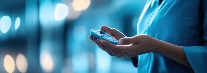 Poster - A person holding a smartphone, illuminated in a blue-toned environment.