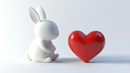 Poster - A cute white bunny sits beside a shiny red heart, symbolizing love and affection.