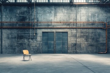 Aufkleber - A solitary chair in an industrial space with a concrete wall and metallic doors.