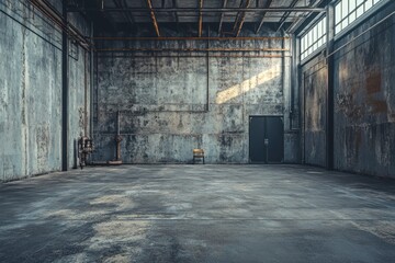 Aufkleber - An empty industrial space with a single chair, showcasing raw concrete and large windows.