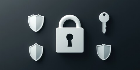 Aufkleber - A digital illustration featuring a padlock, key, and shields symbolizing security and protection.