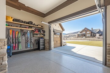 Poster - A spacious garage with ski equipment and a scenic view of a house and landscape outside.
