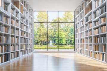 Aufkleber - A serene library with bookshelves and a view of a lush garden outside.