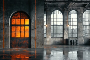 Poster - An industrial space featuring a large door with orange light, concrete walls, and large windows.