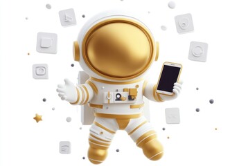 Poster - A golden astronaut holding a smartphone amidst various app icons.