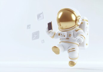Poster - A playful astronaut holding a smartphone, surrounded by floating icons in a minimalist design.