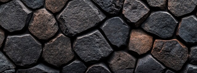 Poster - A textured surface of dark, irregular stones arranged closely together.