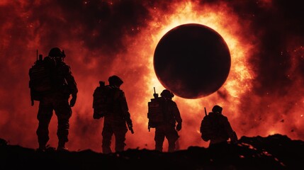  Soldiers Silhouetted Against Fiery Solar Eclipse in Dramatic Landscape