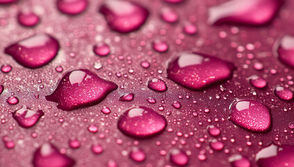Aufkleber - Glimmering droplets of moisture on a smooth crimson surface after light rain during early morning