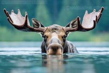 Aufkleber - A moose partially submerged in water, showcasing its antlers against a natural backdrop.