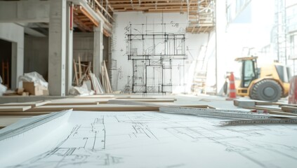 Poster - Construction site with blueprints and machinery, showcasing ongoing architectural work.