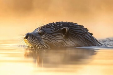 Aufkleber - A close-up of an otter swimming in calm waters during golden hour.