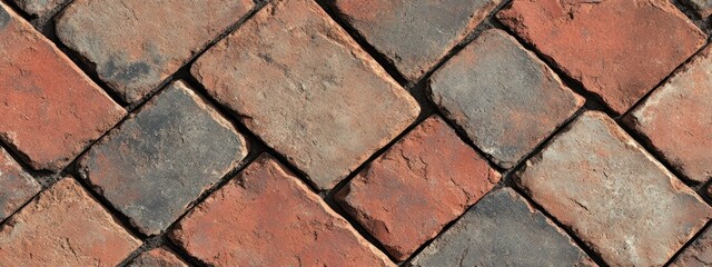 Aufkleber - A close-up view of interlocking brick pavement in various shades of red and gray.