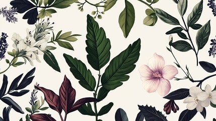 Poster - Hand-drawn botanical sketches of leaves and flowers against a solid, muted backdrop