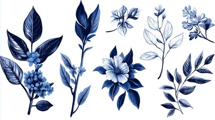 Poster - Hand-drawn botanical sketches of leaves and flowers against a solid, muted backdrop