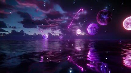 Poster - Intergalactic scene with multiple moons and stars reflecting on a calm alien ocean