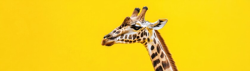 Poster - A close-up of a giraffe's head against a bright yellow background.