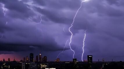 Aufkleber - Dark clouds hover over the city, illuminated by striking bolts of lightning as twilight descends, casting an ominous glow over the skyline.