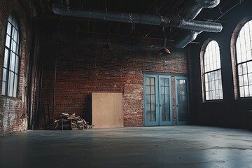 Poster - A spacious, industrial-style room with exposed brick and large windows.