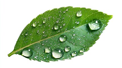 Poster - Macro view of a single dew-covered leaf with water droplets sparkling in sunlight