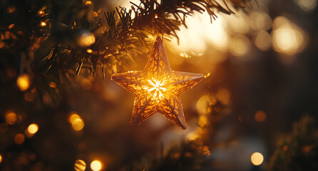 Poster - Golden star ornament hangs from a Christmas tree branch as sunlight filters through the leaves in the evening glow