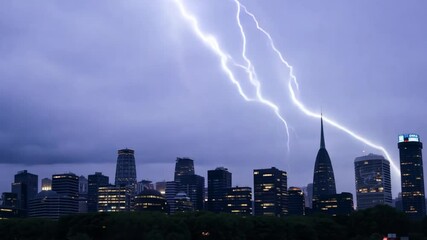 Aufkleber - A dramatic storm unfolds over a city at dusk, showcasing dark clouds lit by lightning. Illuminated windows highlight the skyscrapers against the ominous sky.