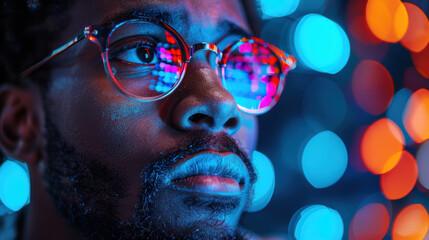 Close up African American programmer man wearing glasses in colorful digital light of cyber futuristic technology in laboratory
